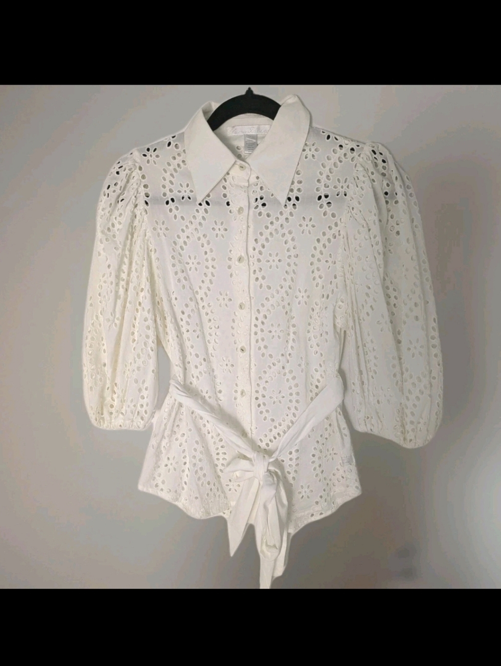 Kamiseta Eyelet Button Down Top Blouse Cream Sz S Puff Sleeve Romantic Lace EUC